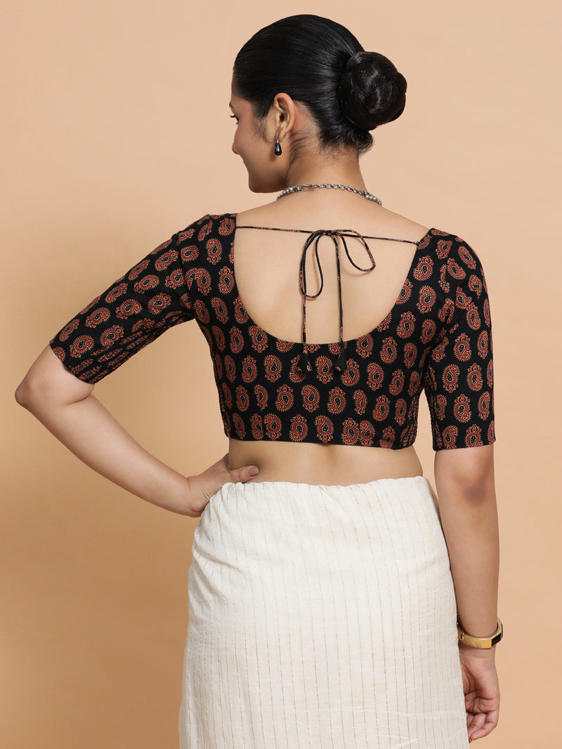 Tara x Rozaana | Elbow Sleeves Cotton Saree Blouse in Black Mango Block Print Fabric-Binks