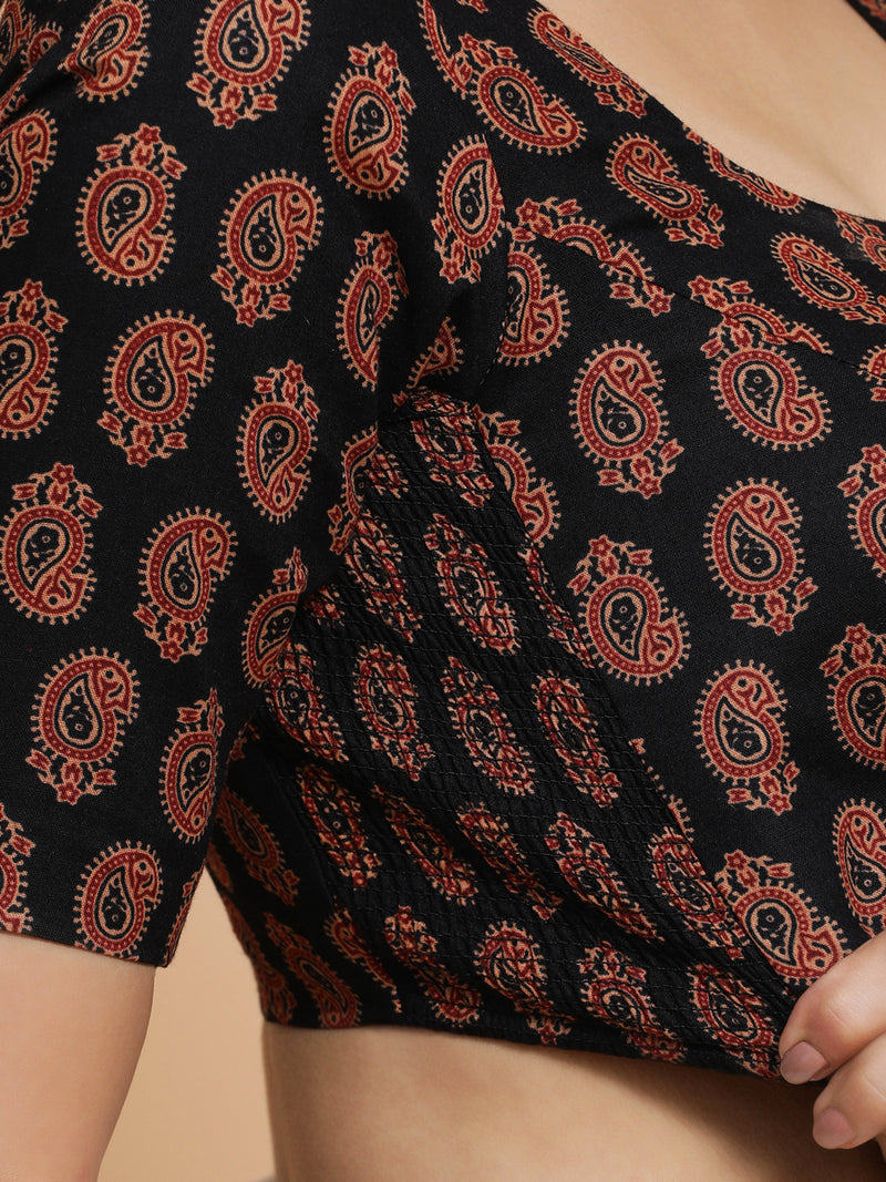 Upasana x Rozaana | Elbow Sleeves Cotton Saree Blouse in Black Mango Block Print Fabric-Binks