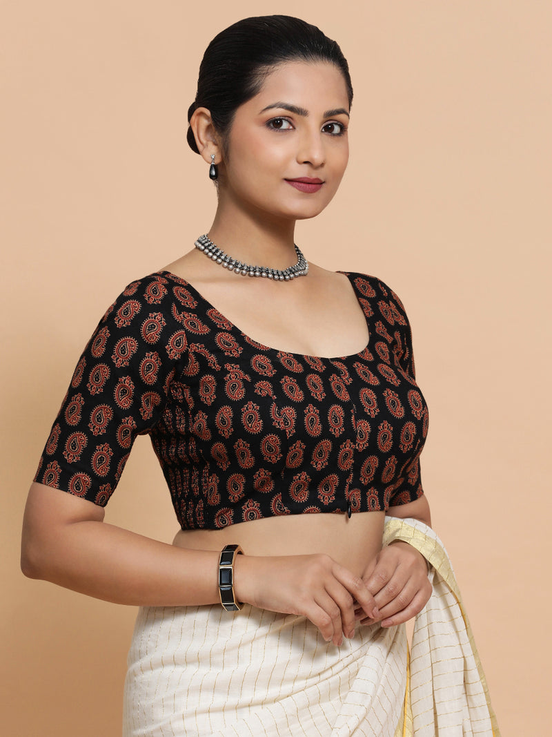 Tara x Rozaana | Elbow Sleeves Cotton Saree Blouse in Black Mango Block Print Fabric-Binks
