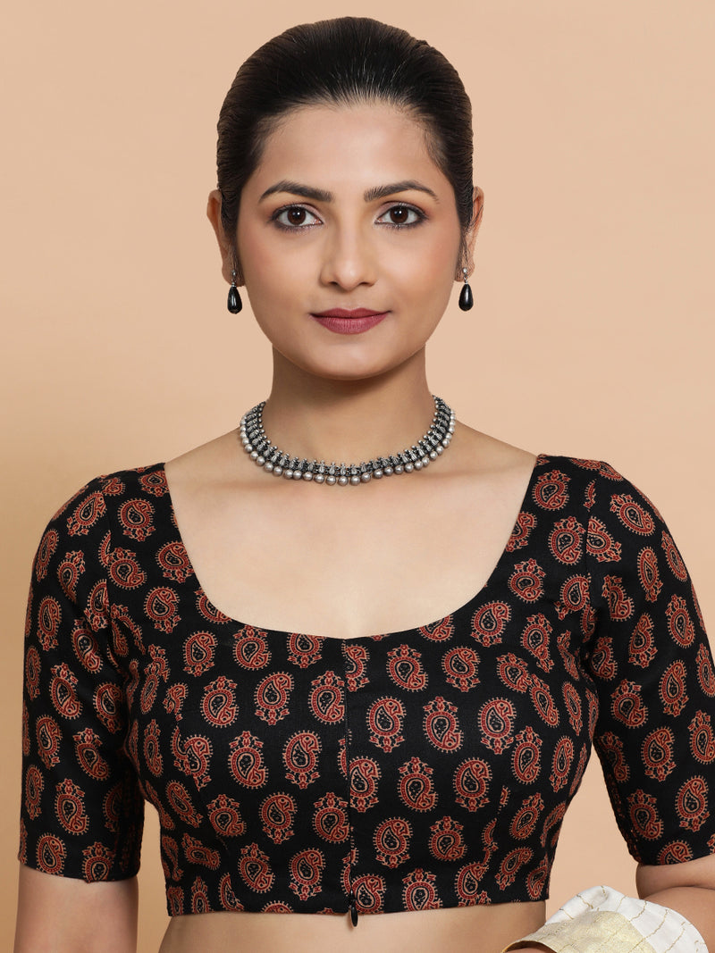 Tara x Rozaana | Elbow Sleeves Cotton Saree Blouse in Black Mango Block Print Fabric-Binks