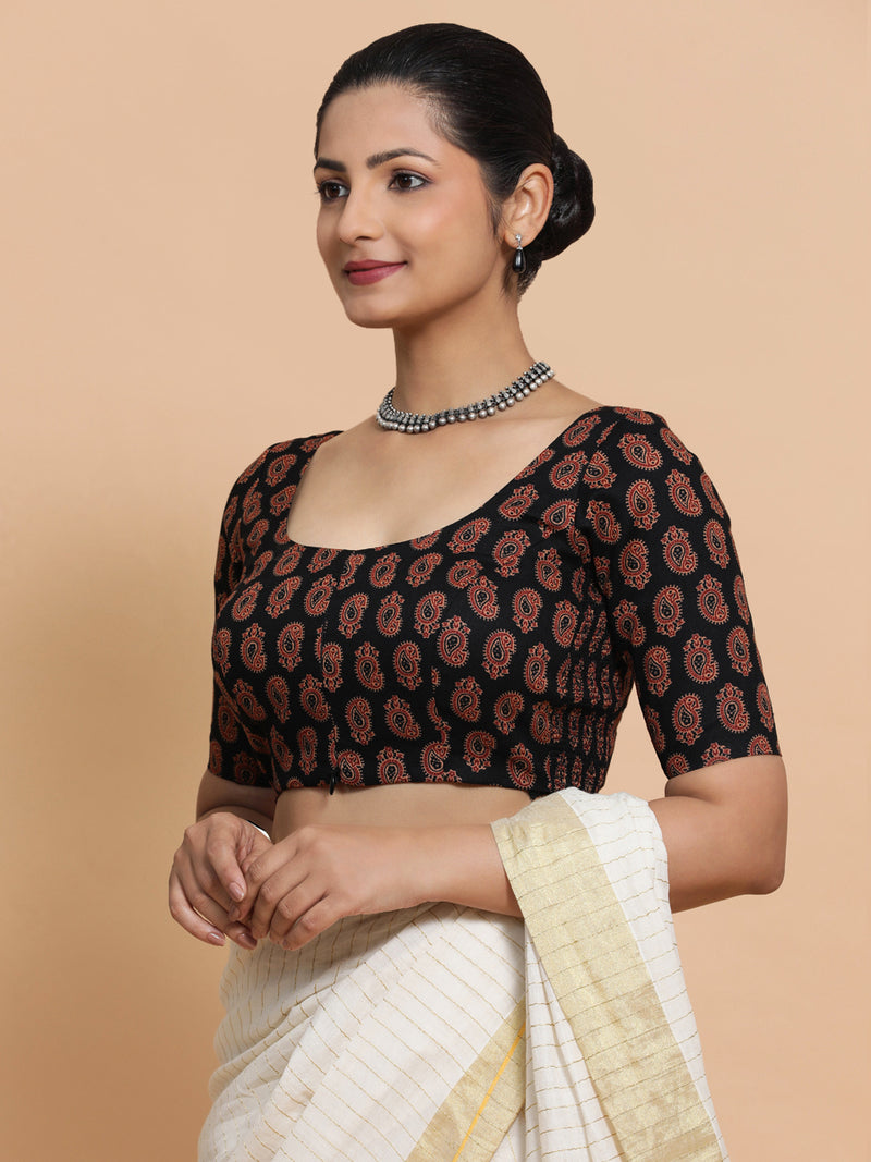 Tara x Rozaana | Elbow Sleeves Cotton Saree Blouse in Black Mango Block Print Fabric-Binks