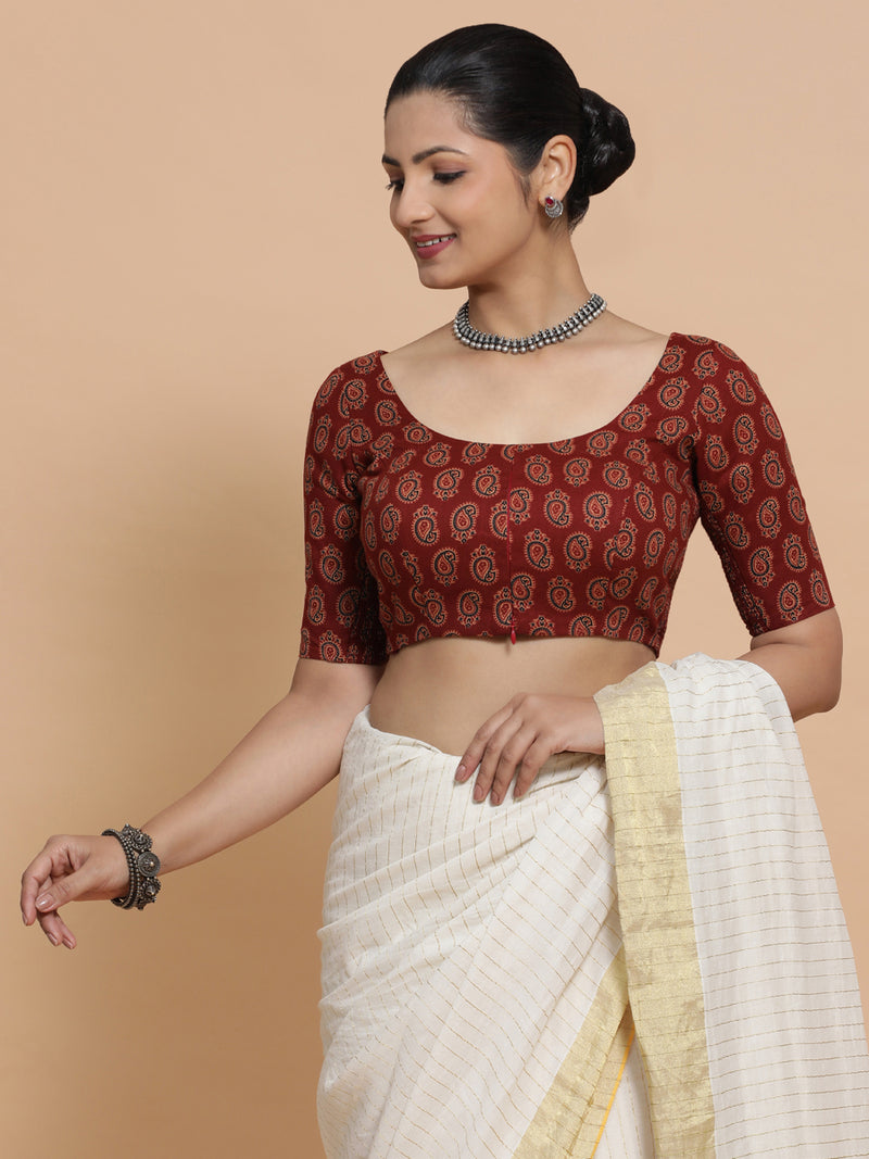 Tara x Rozaana | Elbow Sleeves Cotton Saree Blouse in Red Mango Block Print Fabric-Binks