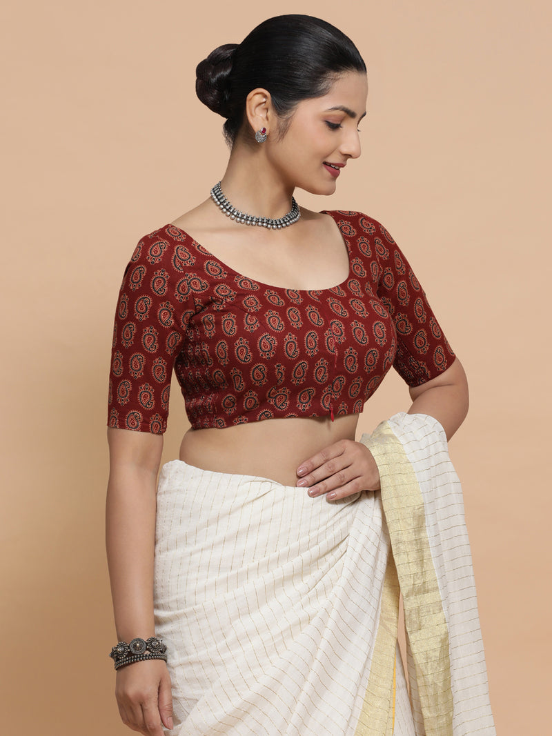 Tara x Rozaana | Elbow Sleeves Cotton Saree Blouse in Red Mango Block Print Fabric-Binks