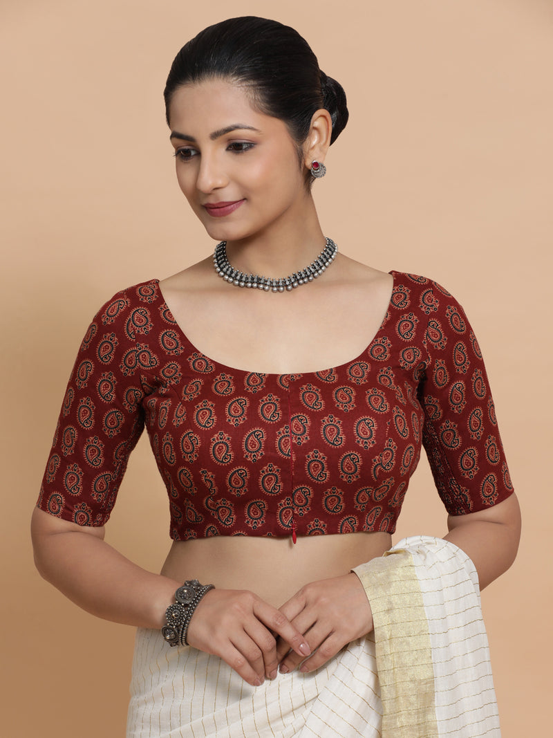 Tara x Rozaana | Elbow Sleeves Cotton Saree Blouse in Red Mango Block Print Fabric-Binks