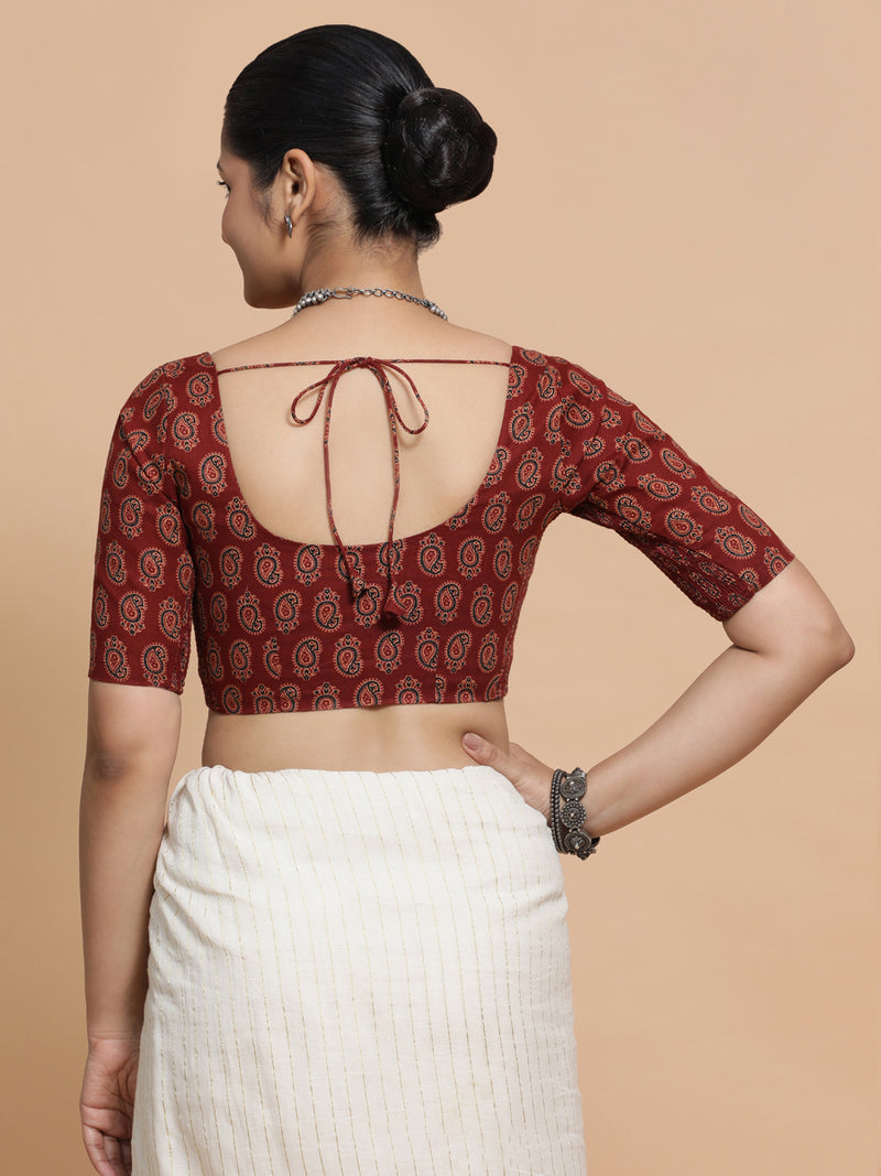 Tara x Rozaana | Elbow Sleeves Cotton Saree Blouse in Red Mango Block Print Fabric-Binks
