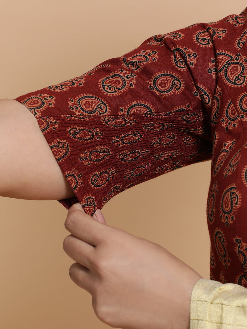 Tara x Rozaana | Elbow Sleeves Cotton Saree Blouse in Red Mango Block Print Fabric-Binks