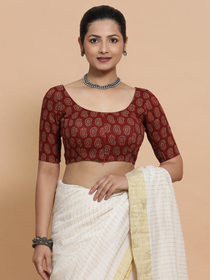 Tara x Rozaana | Elbow Sleeves Cotton Saree Blouse in Red Mango Block Print Fabric-Binks