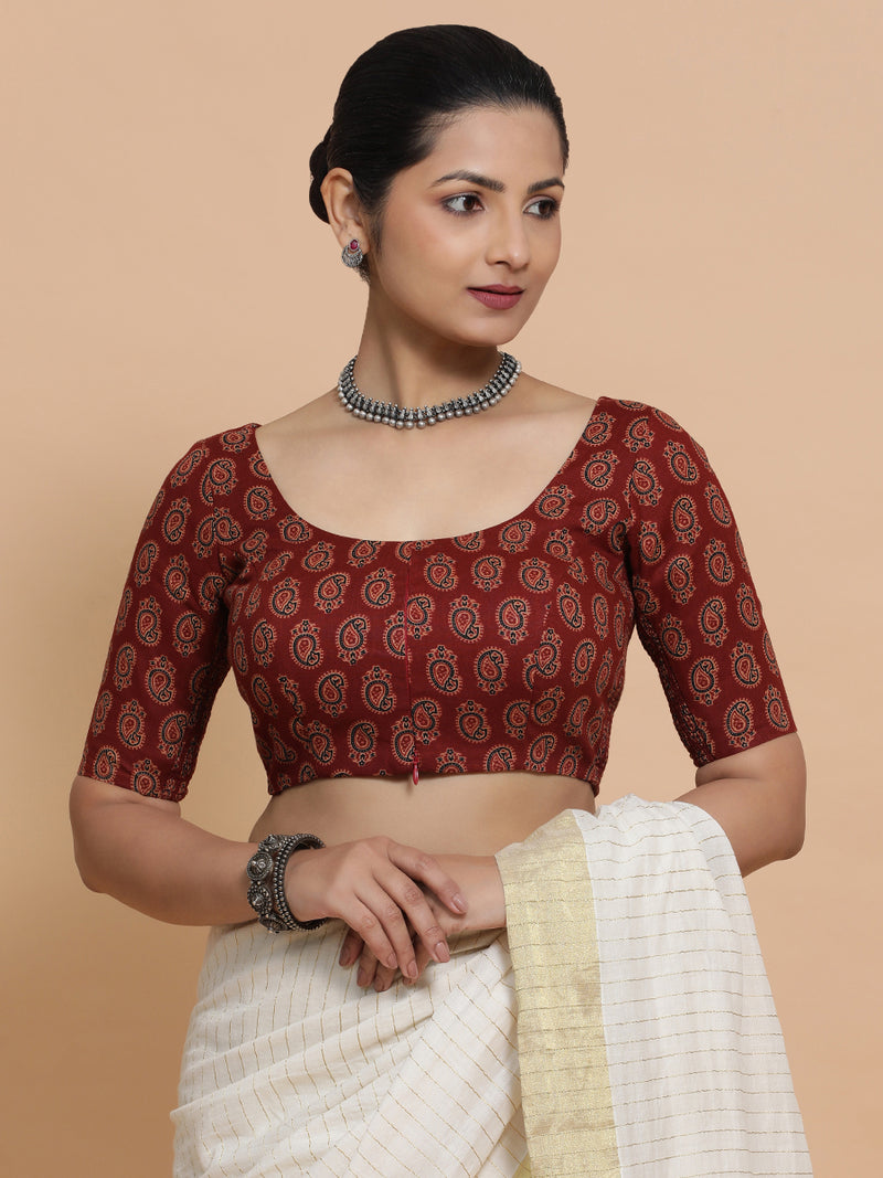 Tara x Rozaana | Elbow Sleeves Cotton Saree Blouse in Red Mango Block Print Fabric-Binks
