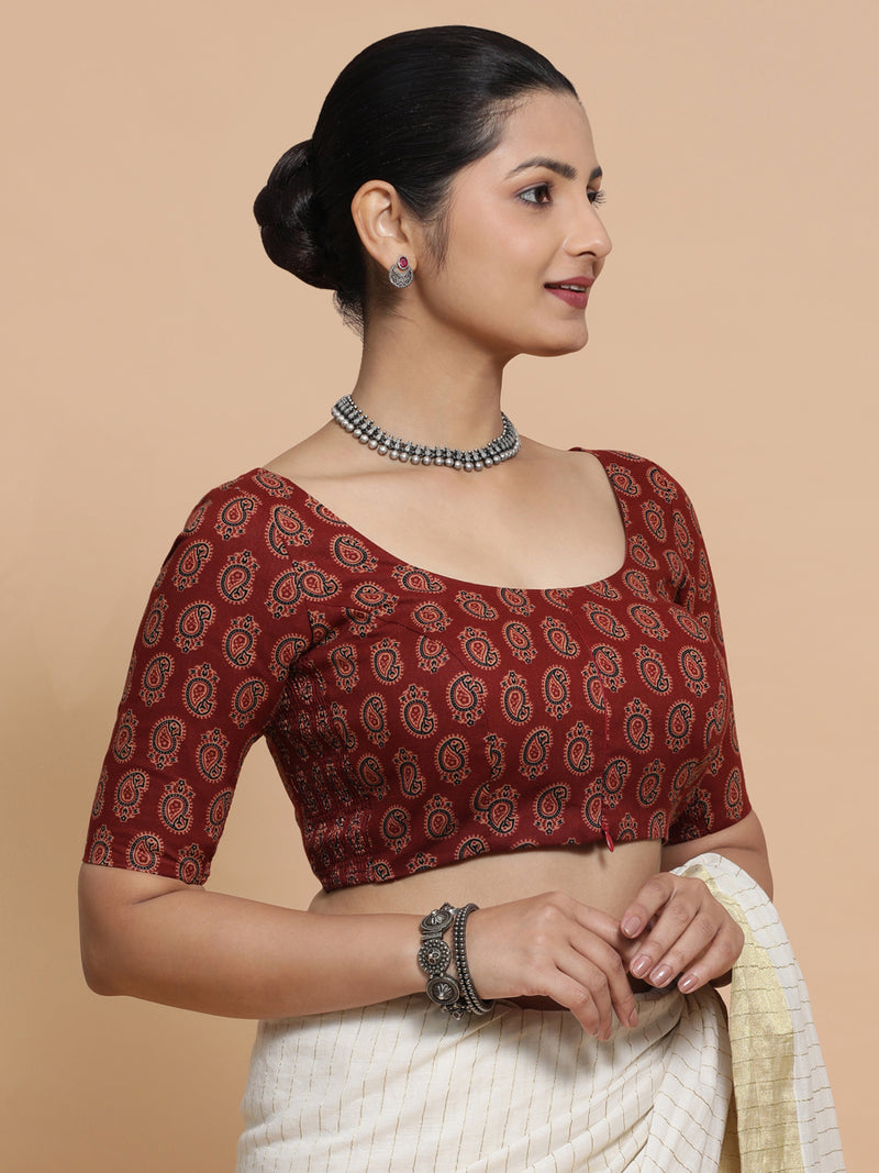 Tara x Rozaana | Elbow Sleeves Cotton Saree Blouse in Red Mango Block Print Fabric-Binks