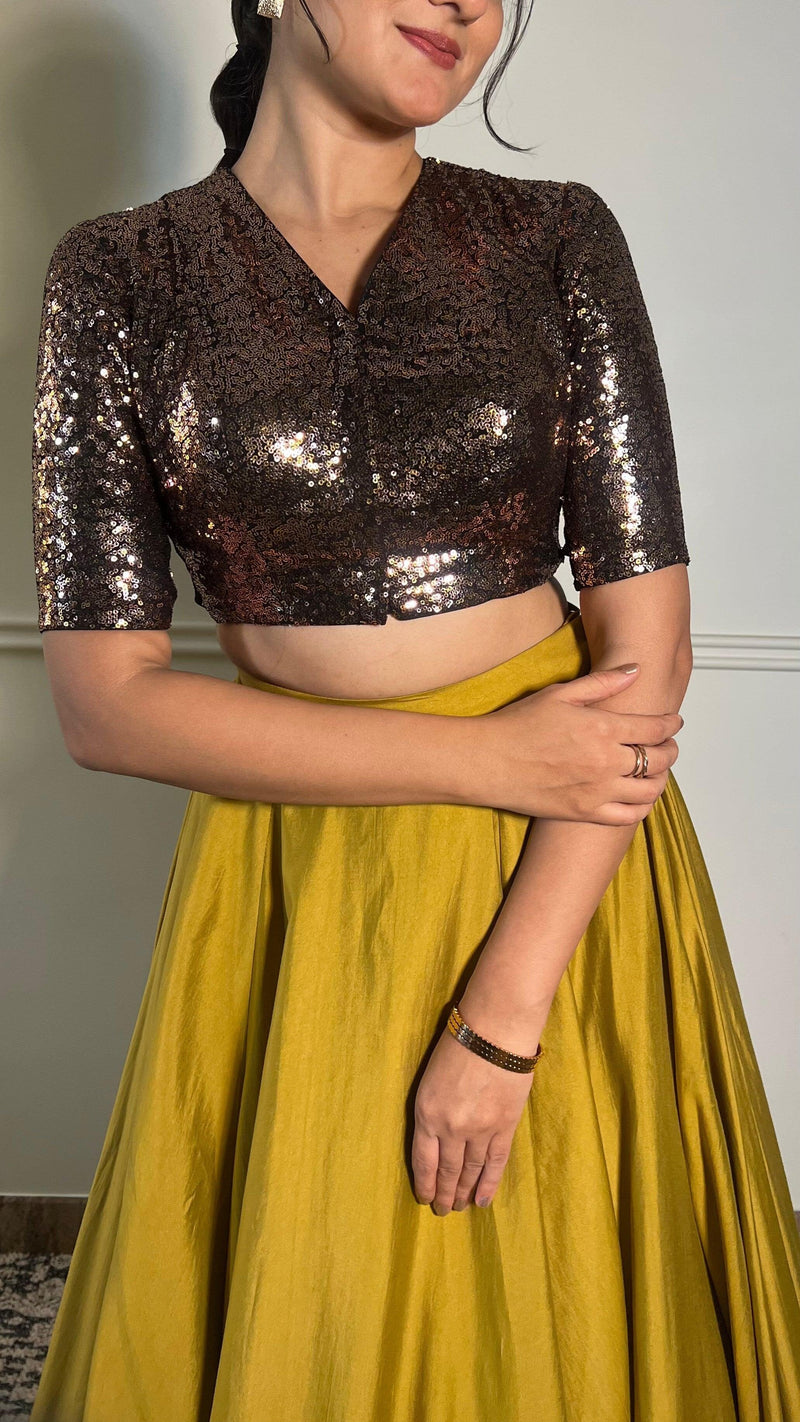Tarana x Tyohaar | Elbow Sleeves Gold Sequined Shimmer Saree Blouse with V-Neck-Binks