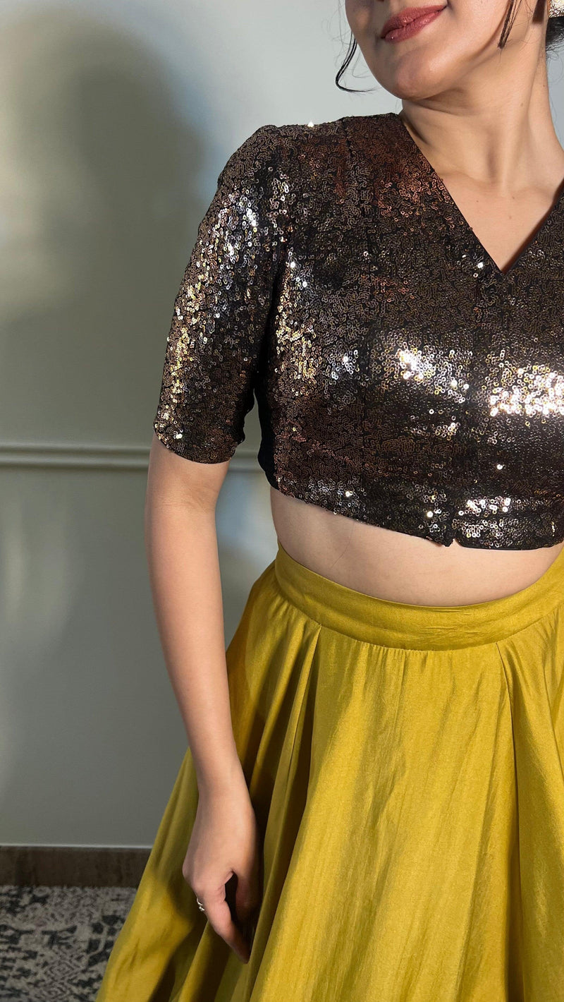 Tarana x Tyohaar | Elbow Sleeves Gold Sequined Shimmer Saree Blouse with V-Neck-Binks