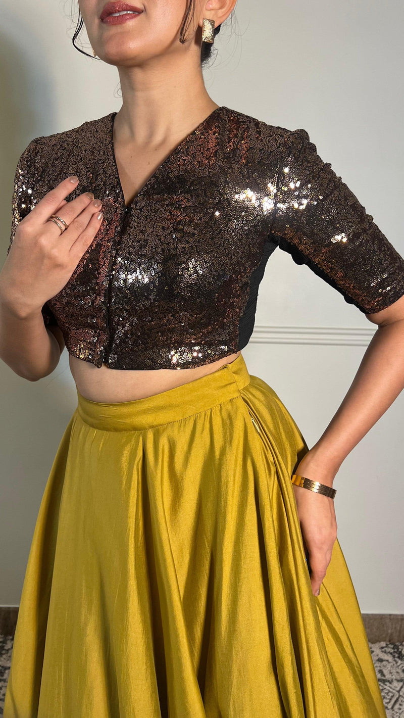 Tarana x Tyohaar | Elbow Sleeves Gold Sequined Shimmer Saree Blouse with V-Neck-Binks