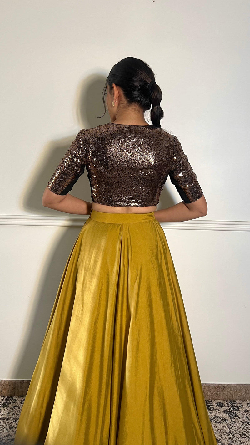 Tarana x Tyohaar | Elbow Sleeves Gold Sequined Shimmer Saree Blouse with V-Neck-Binks