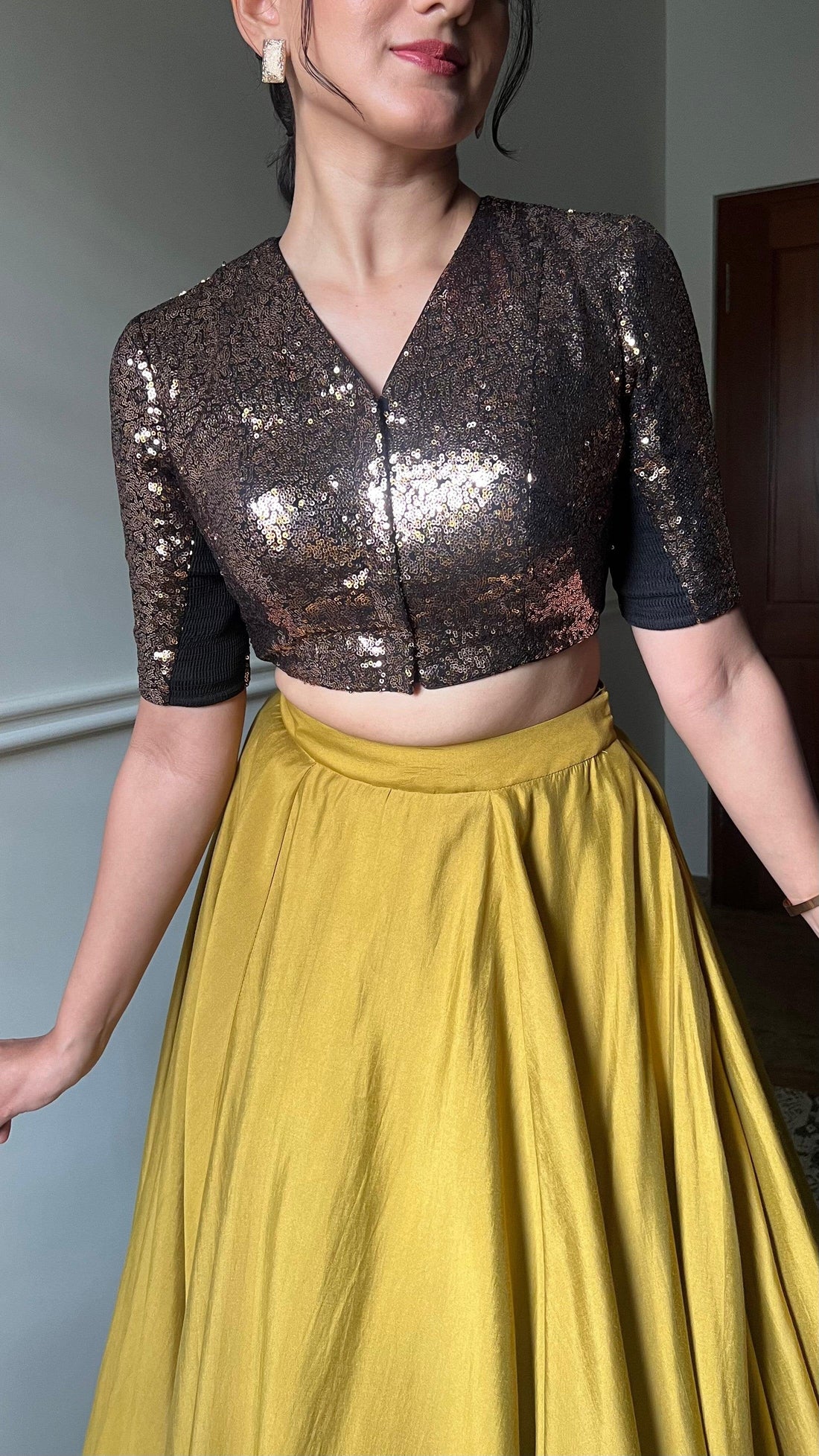 Tarana x Tyohaar Saree Blouse, in Gold Sequin, featuring elbow sleeves, made for party & festive (view 2).