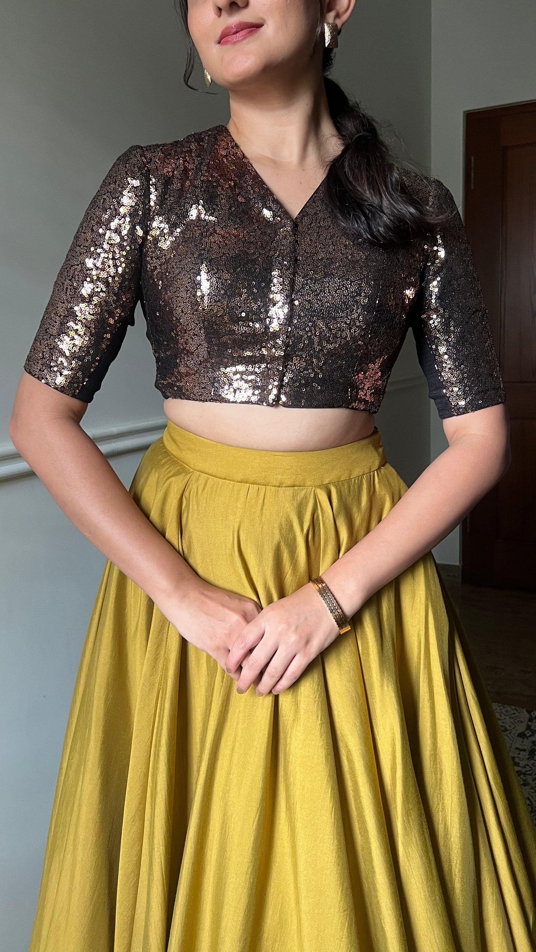 Tarana x Tyohaar Saree Blouse, in Gold Sequin, featuring elbow sleeves, made for party & festive (view 3).