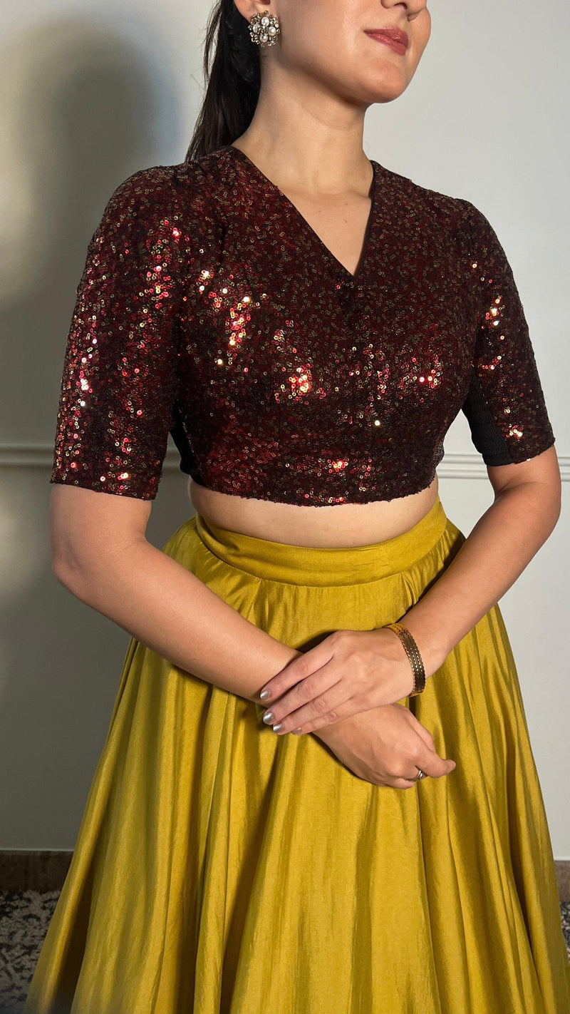 Tarana x Tyohaar | Elbow Sleeves Red Sequined Shimmer Saree Blouse with V-Neck-Binks