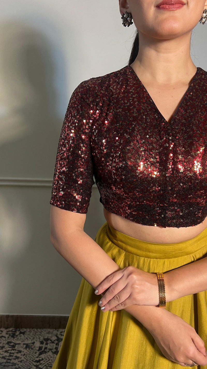 Tarana x Tyohaar | Elbow Sleeves Red Sequined Shimmer Saree Blouse with V-Neck-Binks