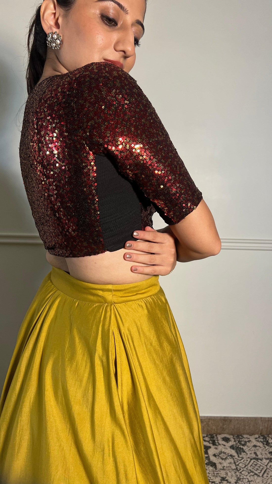 Tarana x Tyohaar Saree Blouse, in Red Sequin, featuring elbow sleeves, made for party & festive (view 3).