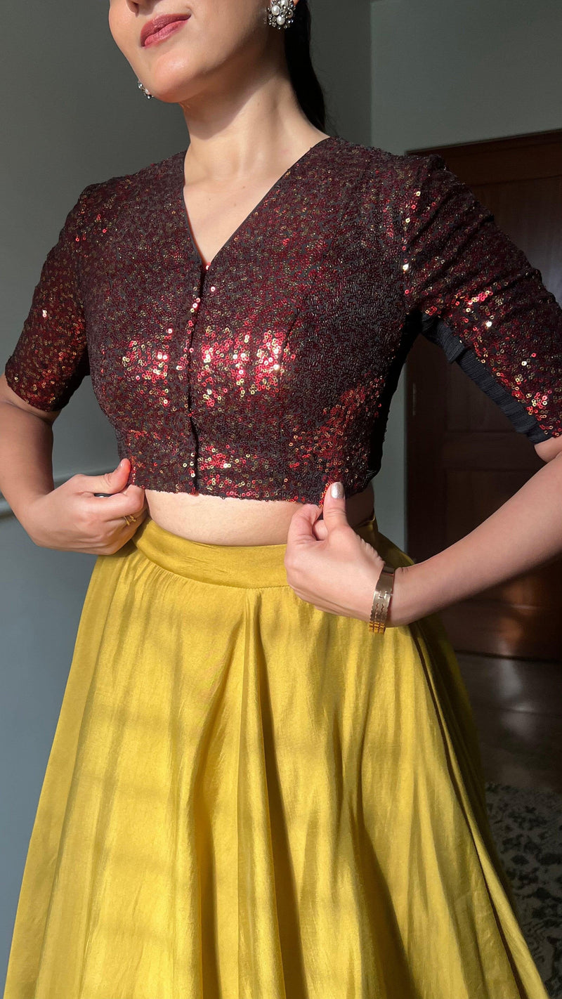 Tarana x Tyohaar | Elbow Sleeves Red Sequined Shimmer Saree Blouse with V-Neck-Binks