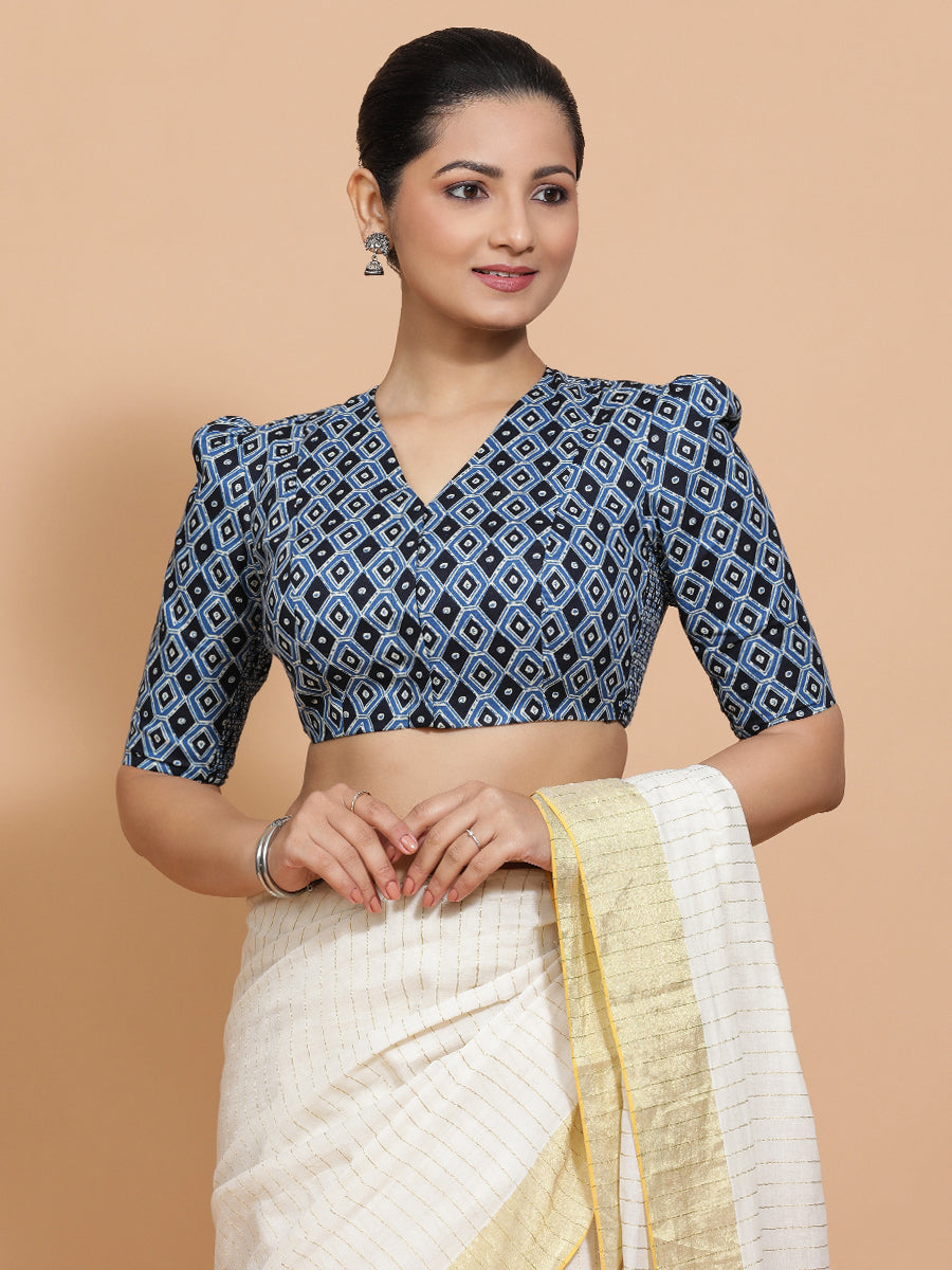 Tasneem x Rozaana | Elbow Sleeves Cotton Saree Blouse in Indigo Blue Geometric Block Print Fabric