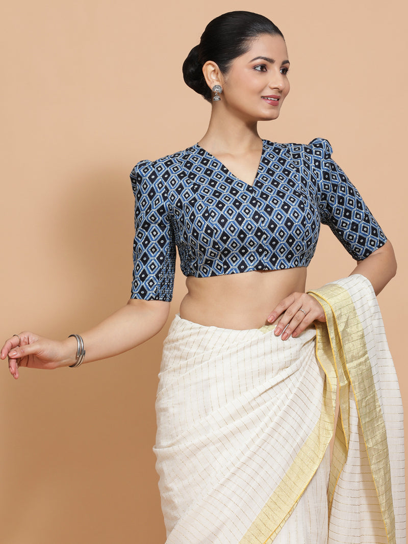 Tasneem x Rozaana | Elbow Sleeves Cotton Saree Blouse in Indigo Blue Geometric Block Print Fabric-Binks