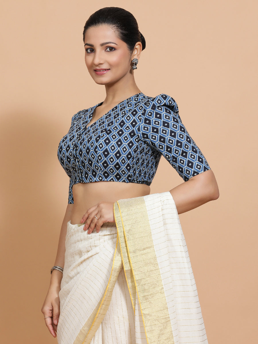 Tasneem x Rozaana Saree Blouse, in Blue Cotton, featuring elbow sleeves and v-neckline, made for daily & work (view 5).