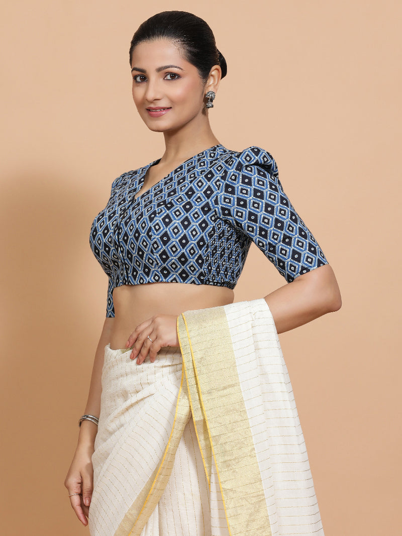Tasneem x Rozaana | Elbow Sleeves Cotton Saree Blouse in Indigo Blue Geometric Block Print Fabric-Binks