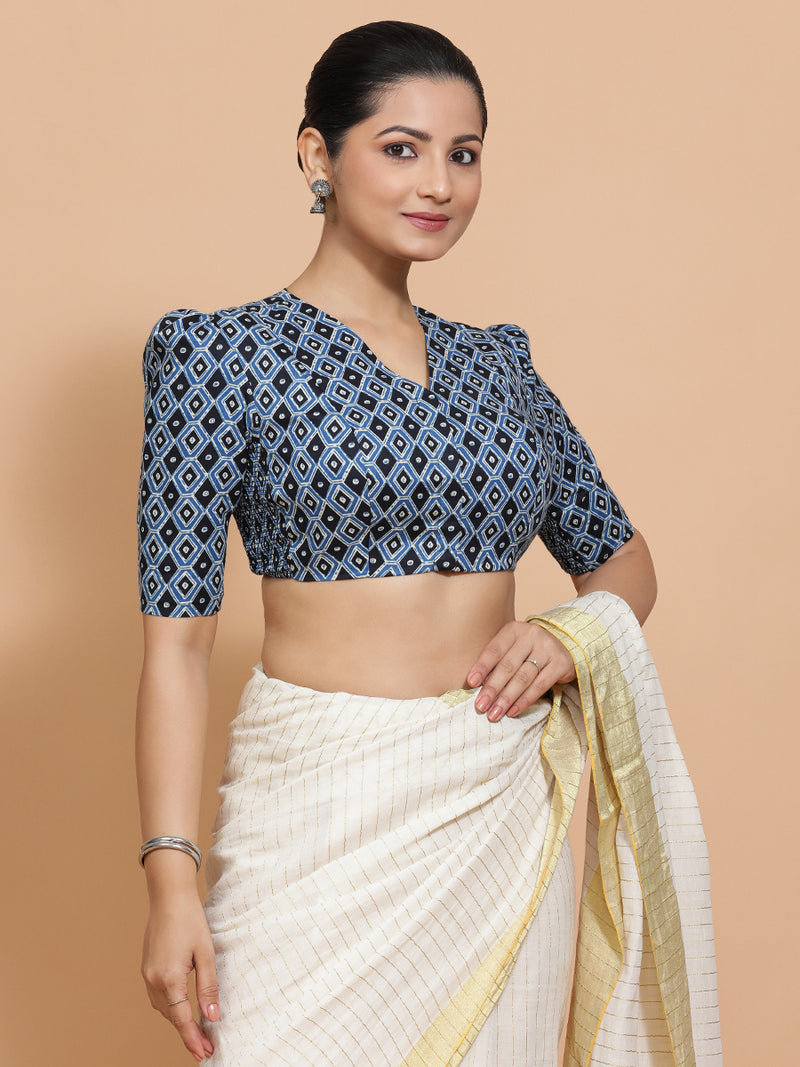 Tasneem x Rozaana | Elbow Sleeves Cotton Saree Blouse in Indigo Blue Geometric Block Print Fabric-Binks
