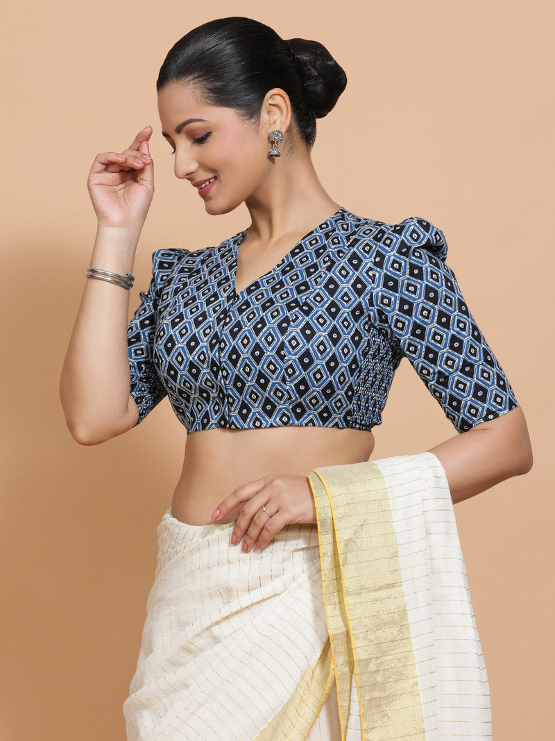 Tasneem x Rozaana | Elbow Sleeves Cotton Saree Blouse in Indigo Blue Geometric Block Print Fabric-Binks