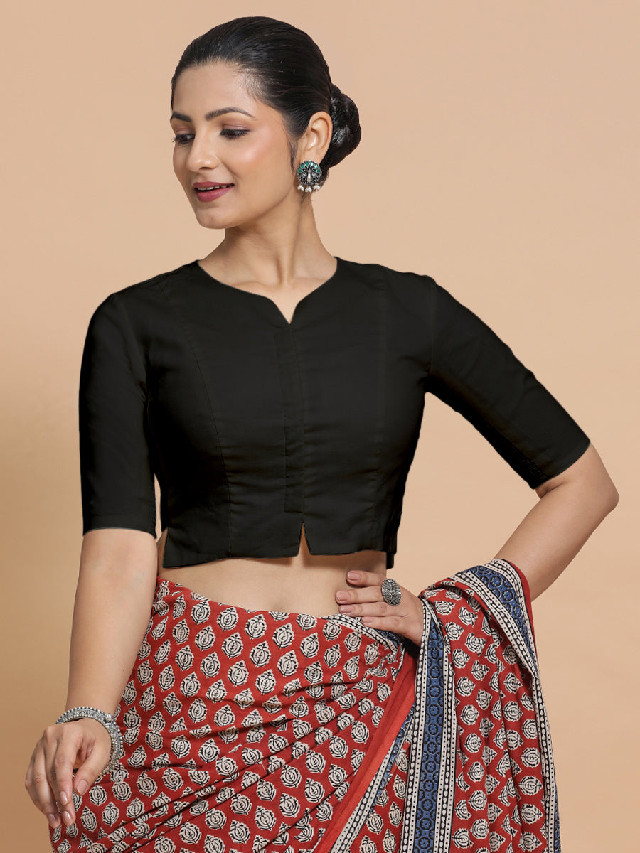 Tejasvi x Rozaana Saree Blouse, in Black Cotton, featuring elbow sleeves and round neckline, made for daily & work.