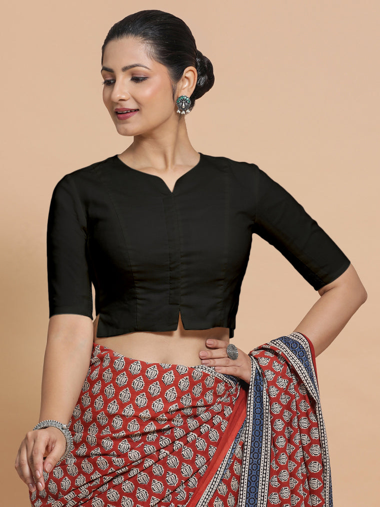 Tejasvi x Rozaana Saree Blouse, in Black Cotton, featuring elbow sleeves and round neckline, made for daily & work.