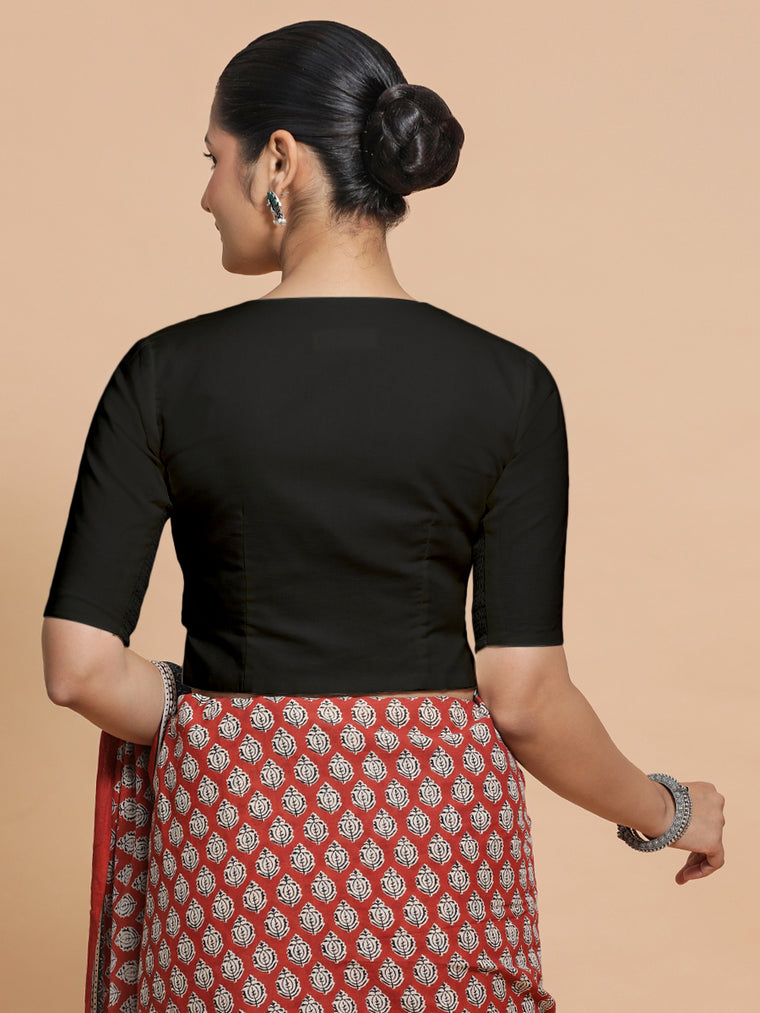 Tejasvi x Rozaana Saree Blouse, in Black Cotton, featuring elbow sleeves and round neckline, made for daily & work (view 2).