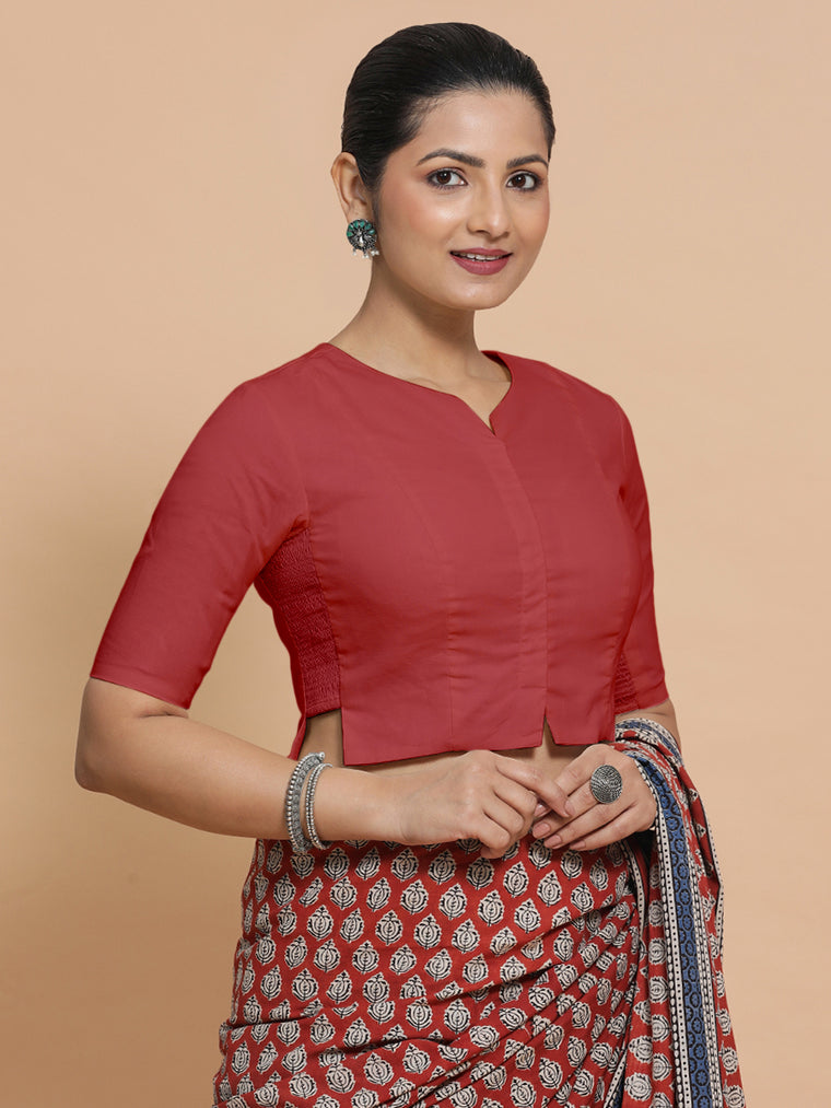 Tejasvi x Rozaana Saree Blouse, in Red 100% Cotton - Solid, featuring elbow sleeves and round neckline.