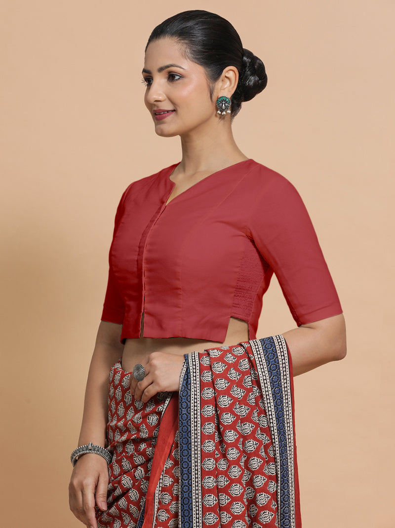 Tejasvi x Rozaana | Elbow Sleeves Saree Blouse in Carmine Red Plain Cotton-Binks