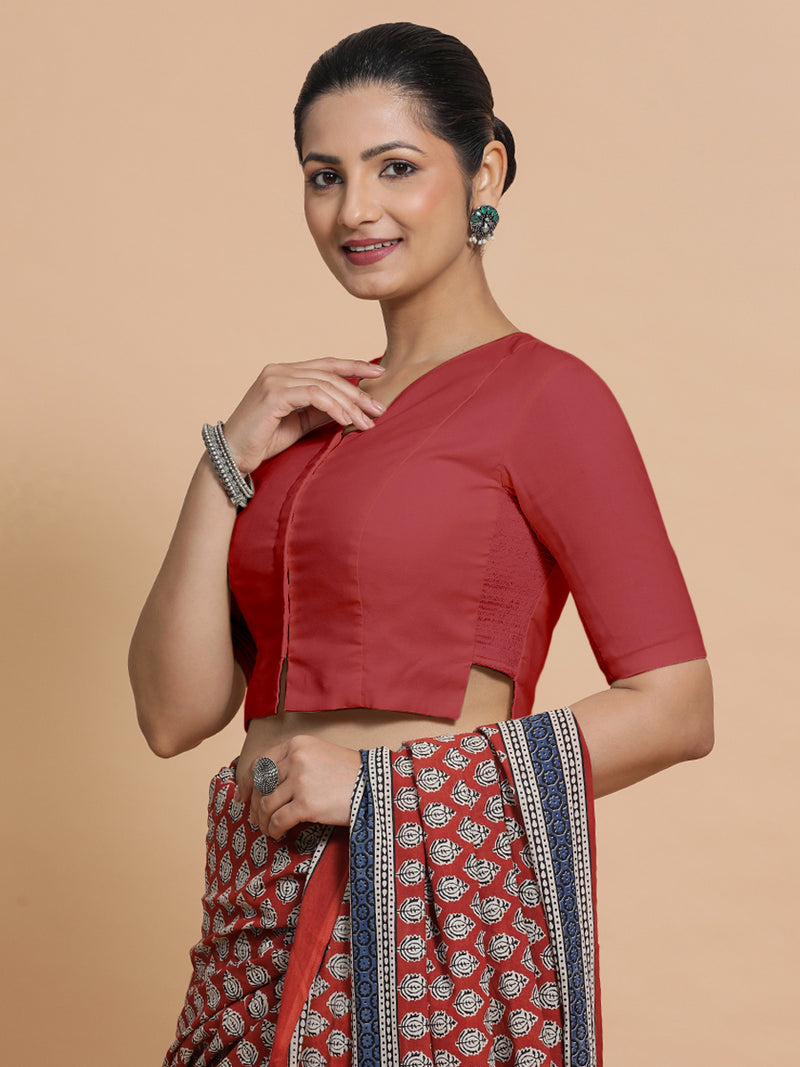 Tejasvi x Rozaana | Elbow Sleeves Saree Blouse in Carmine Red Plain Cotton-Binks