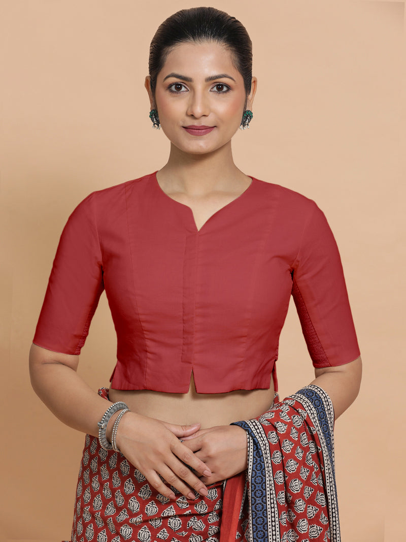 Tejasvi x Rozaana | Elbow Sleeves Saree Blouse in Carmine Red Plain Cotton-Binks