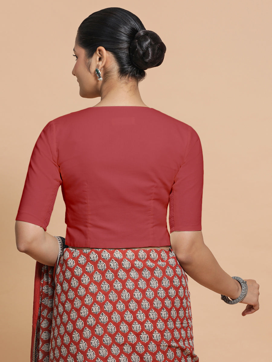 Tejasvi x Rozaana Saree Blouse, in Red 100% Cotton - Solid, featuring elbow sleeves and round neckline (view 2).