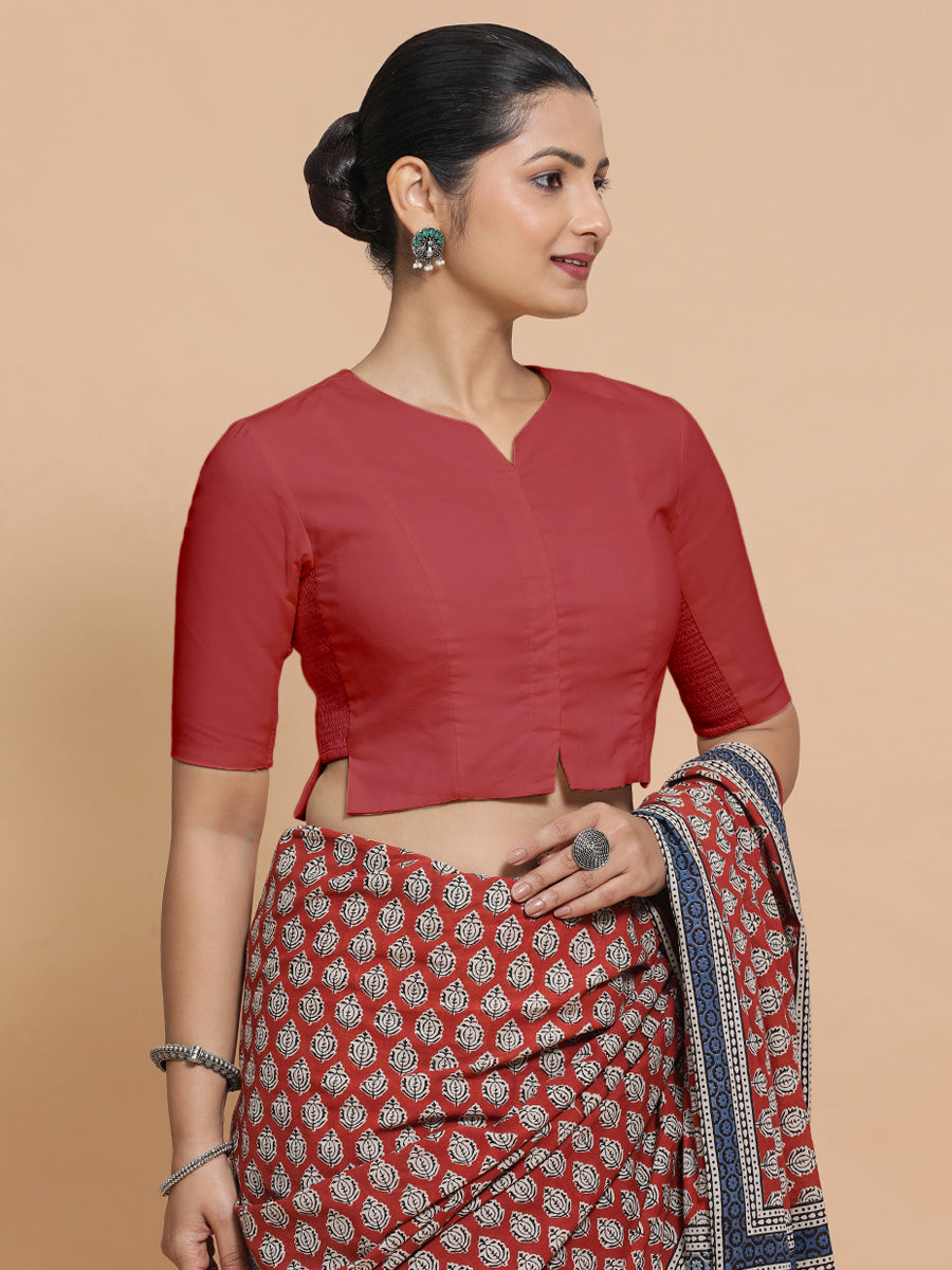 Tejasvi x Rozaana Saree Blouse, in Red 100% Cotton - Solid, featuring elbow sleeves and round neckline (view 7).