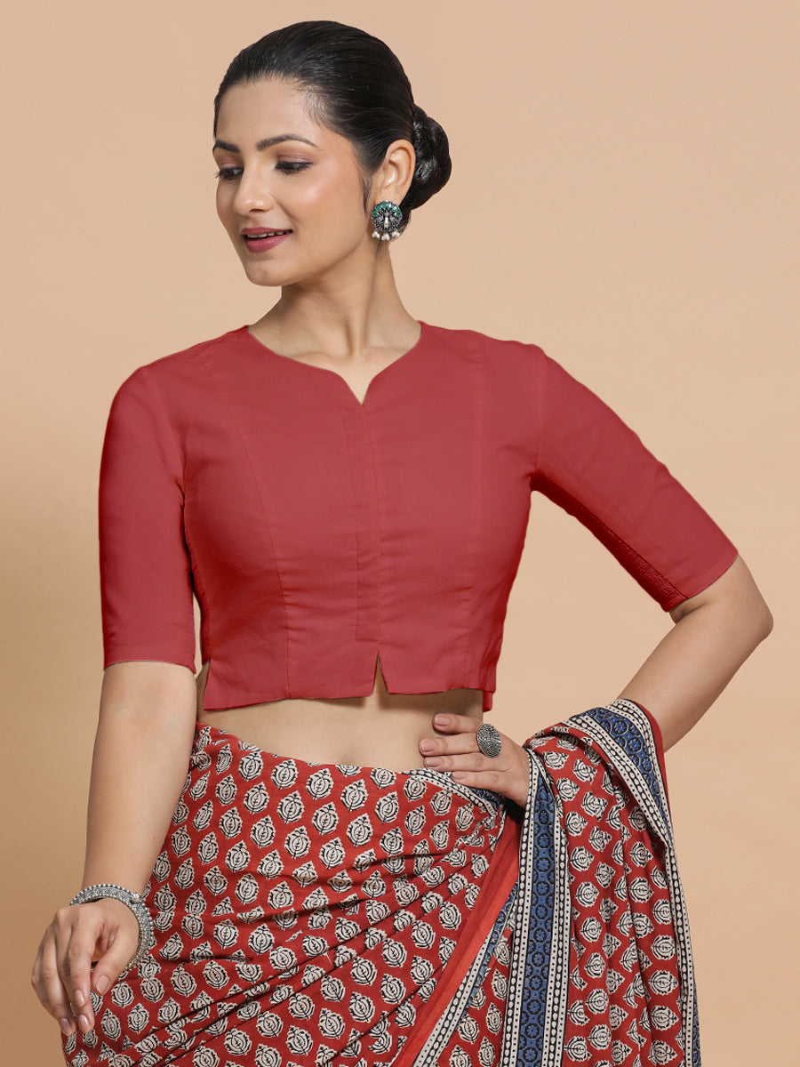 Tejasvi x Rozaana Saree Blouse, in Red 100% Cotton - Solid, featuring elbow sleeves and round neckline (view 8).
