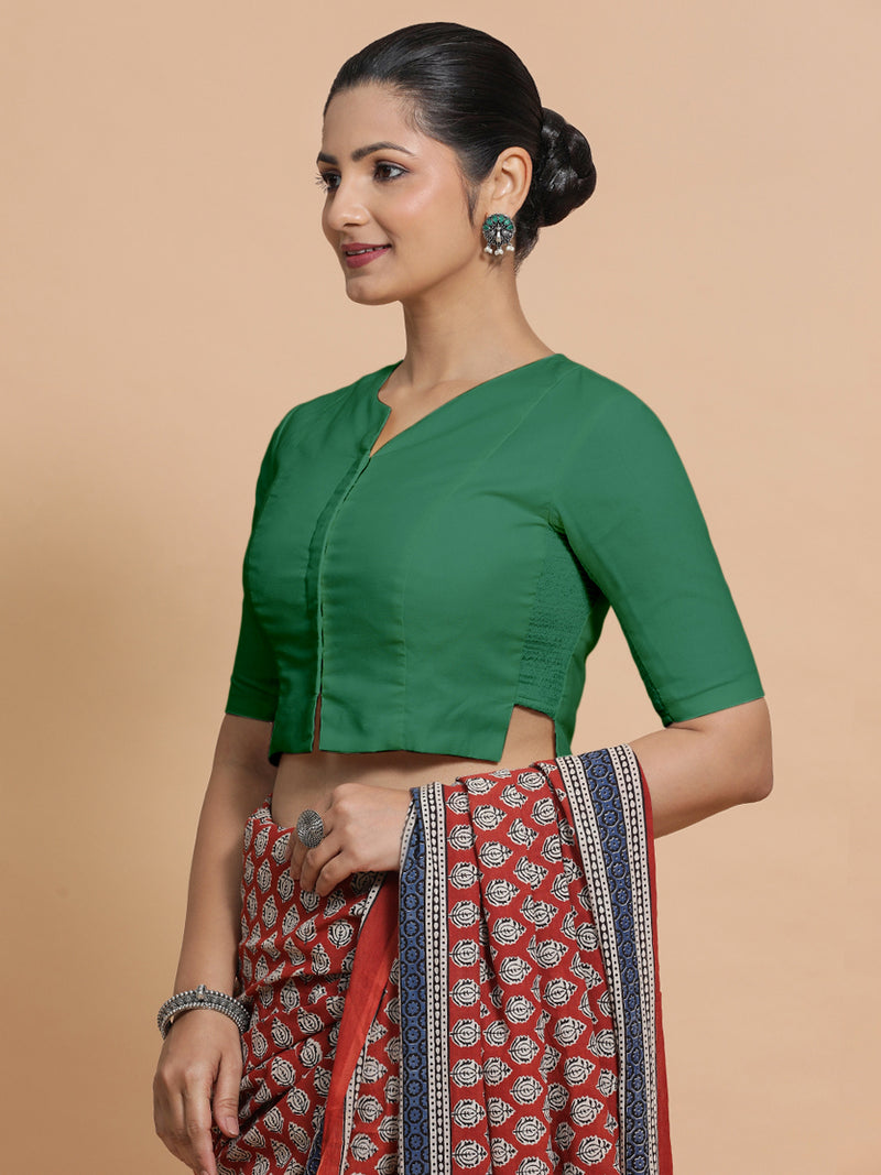 Tejasvi x Rozaana | Elbow Sleeves Saree Blouse in Castleton Green Plain Cotton-Binks