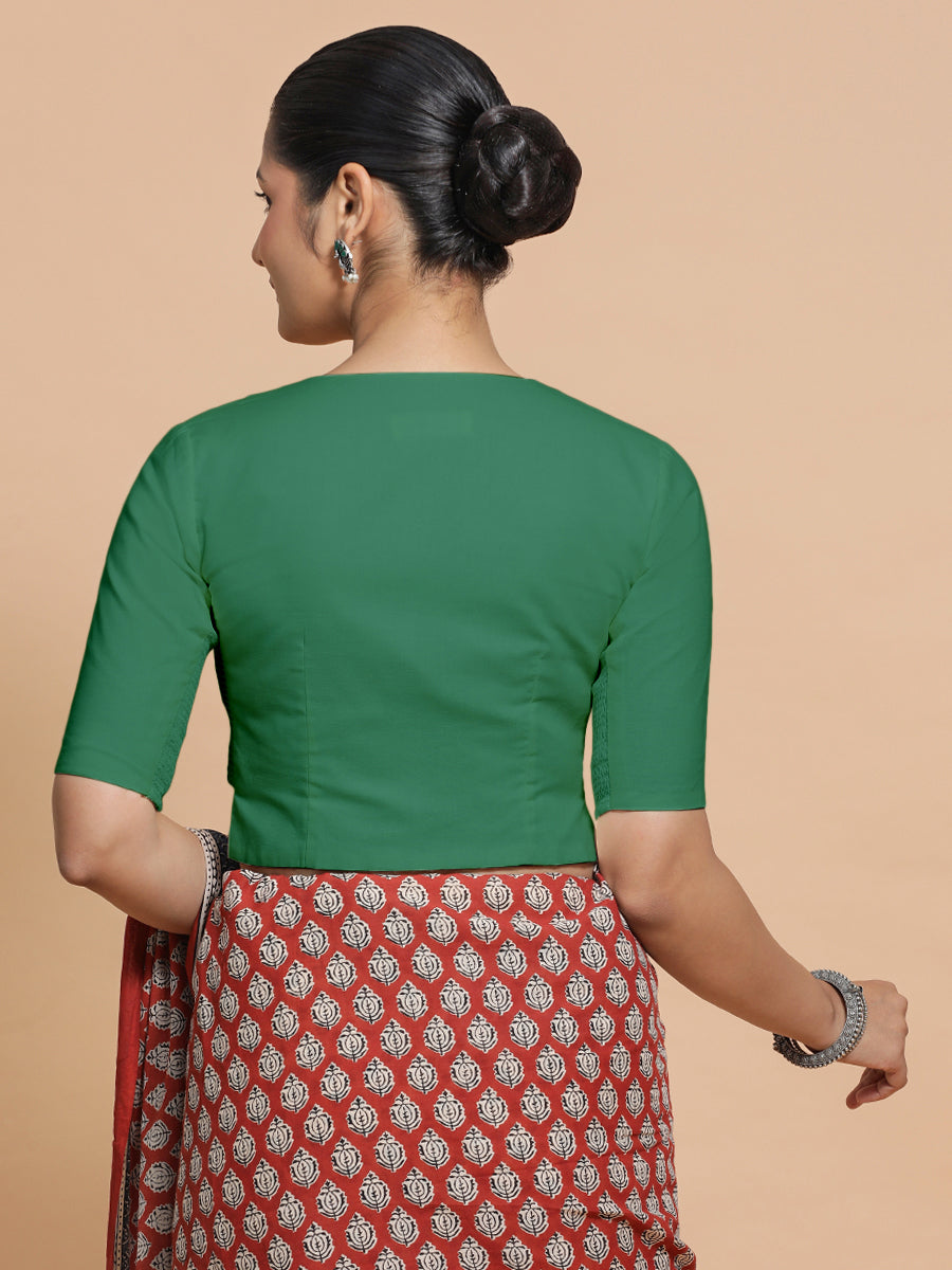 Tejasvi x Rozaana Saree Blouse, in Green 100% Cotton - Solid, featuring elbow sleeves and round neckline (view 2).