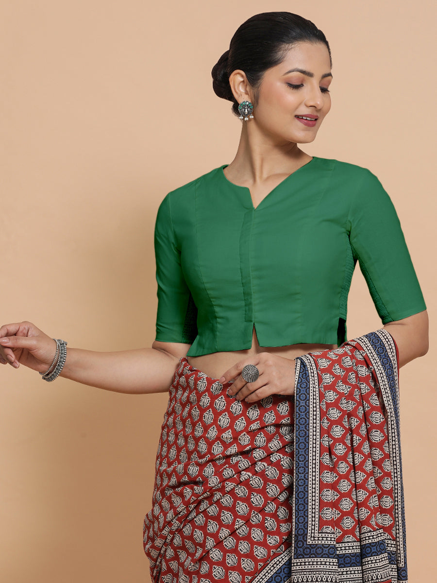 Tejasvi x Rozaana Saree Blouse, in Green 100% Cotton - Solid, featuring elbow sleeves and round neckline (view 5).