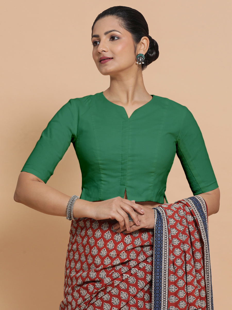 Tejasvi x Rozaana Saree Blouse, in Green 100% Cotton - Solid, featuring elbow sleeves and round neckline (view 6).