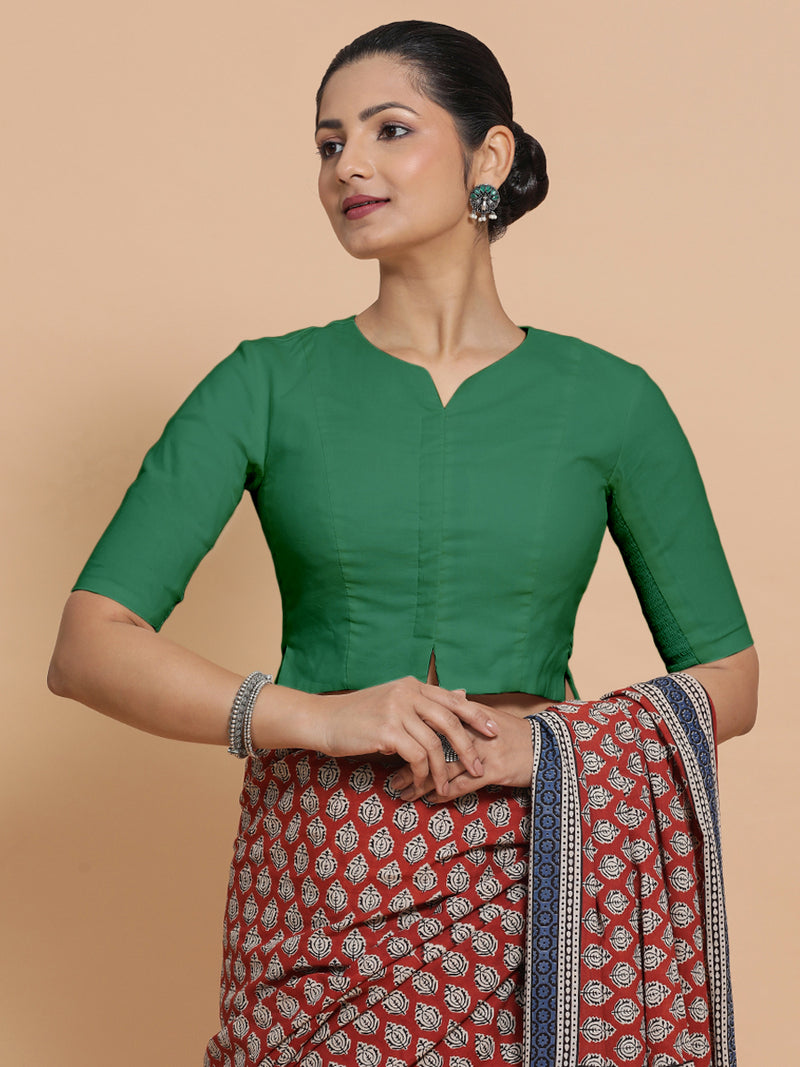 Tejasvi x Rozaana | Elbow Sleeves Saree Blouse in Castleton Green Plain Cotton-Binks
