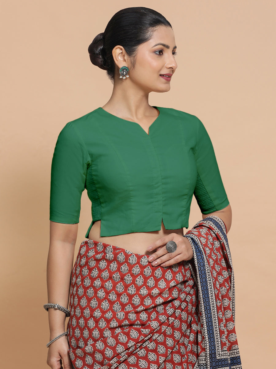 Tejasvi x Rozaana Saree Blouse, in Green 100% Cotton - Solid, featuring elbow sleeves and round neckline (view 7).