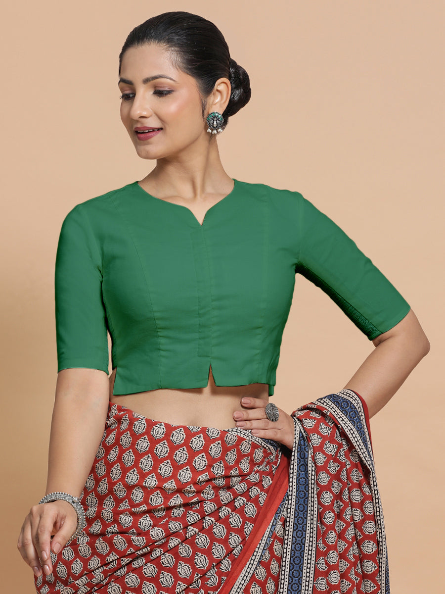 Tejasvi x Rozaana Saree Blouse, in Green 100% Cotton - Solid, featuring elbow sleeves and round neckline (view 8).
