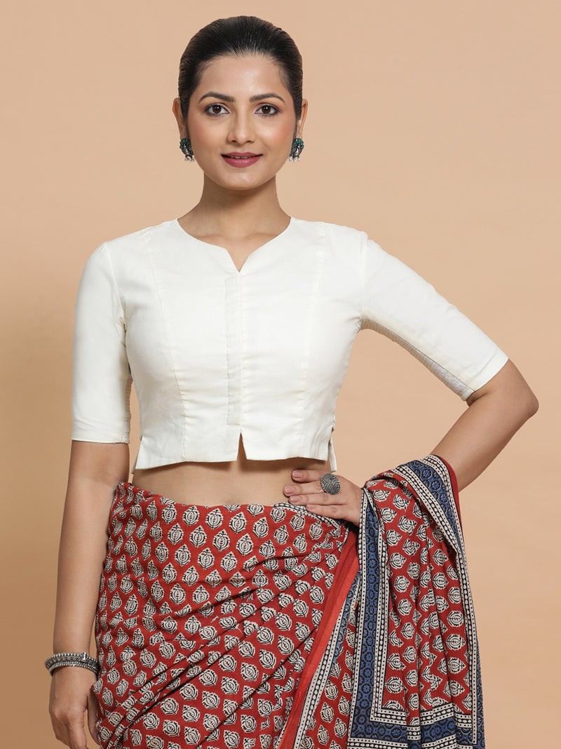 Tejasvi x Rozaana | Round Neck Ivory Mist Plain Cotton Saree Blouse-Binks