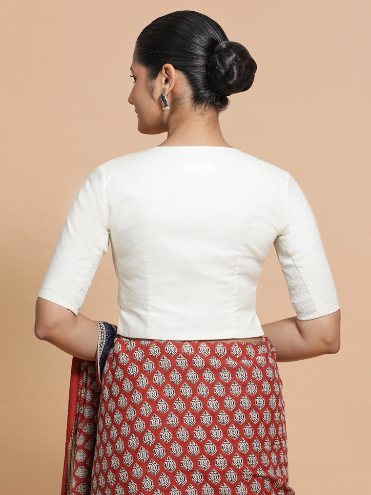 Tejasvi x Rozaana Saree Blouse, in Cream Cotton, featuring elbow sleeves and round neckline, made for daily & work (view 2).