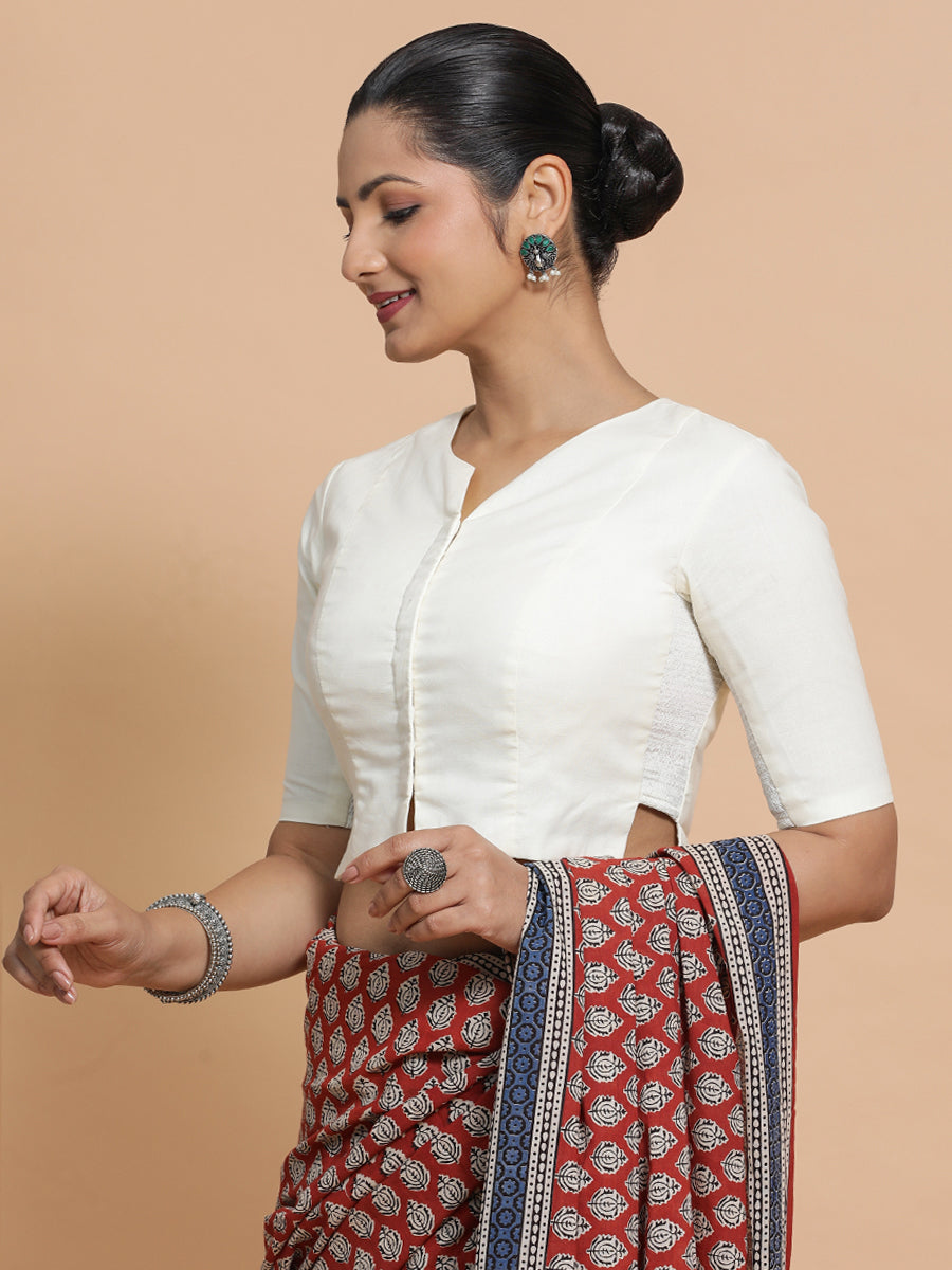 Tejasvi x Rozaana Saree Blouse, in Cream Cotton, featuring elbow sleeves and round neckline, made for daily & work (view 5).