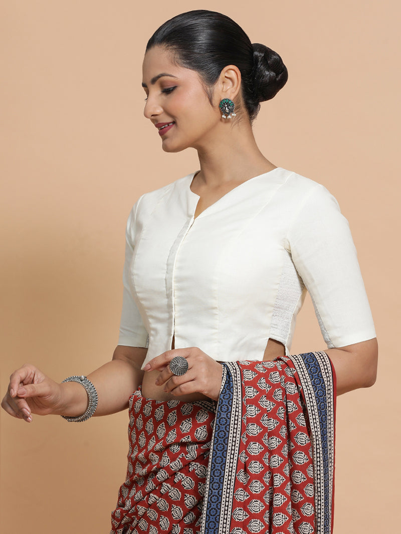 Tejasvi x Rozaana | Round Neck Ivory Mist Plain Cotton Saree Blouse-Binks